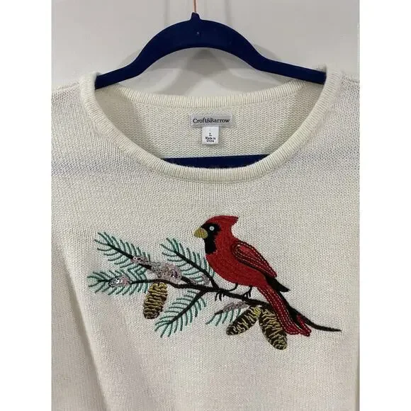 Croft & Barrow women Red Cardinal Sweater Ivory Embellished Soft Acrylic Large - Picture 3 of 11